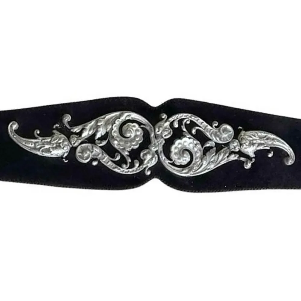 Wide Black Suede Cinch Belt L/XL Baroque Pot Metal Hardware Renaissance Festival